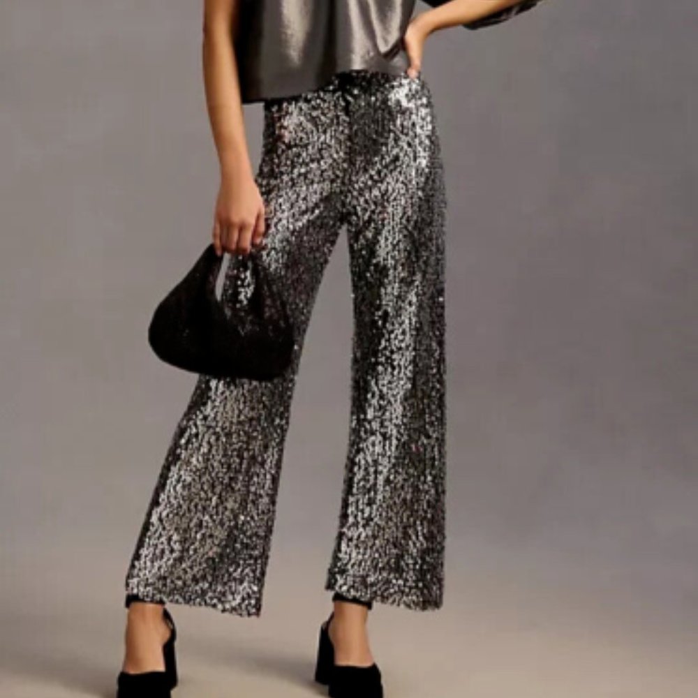 Anthropologie Silver Sequin Wide-Leg Pants - Picture 6 of 9